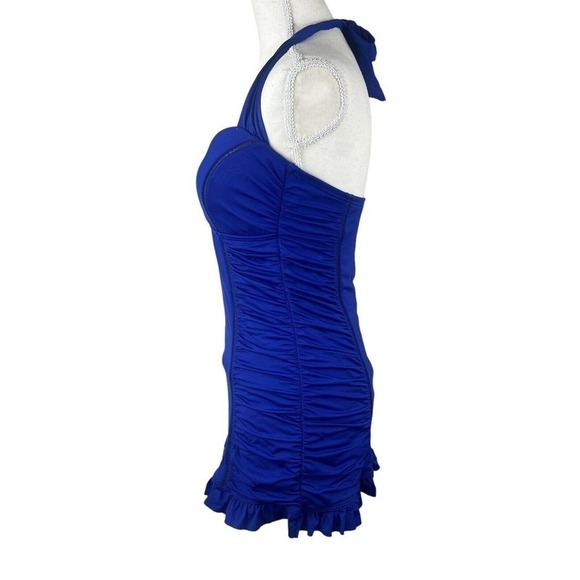 Jantzen Blue Swim Dress Swim Suit One Piece 8 Halter Ruched Soft Cups - Picture 5 of 16